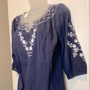 Talbots Embroidered Cotton Blouse Navy Blue Size Small Petite New With Tags!